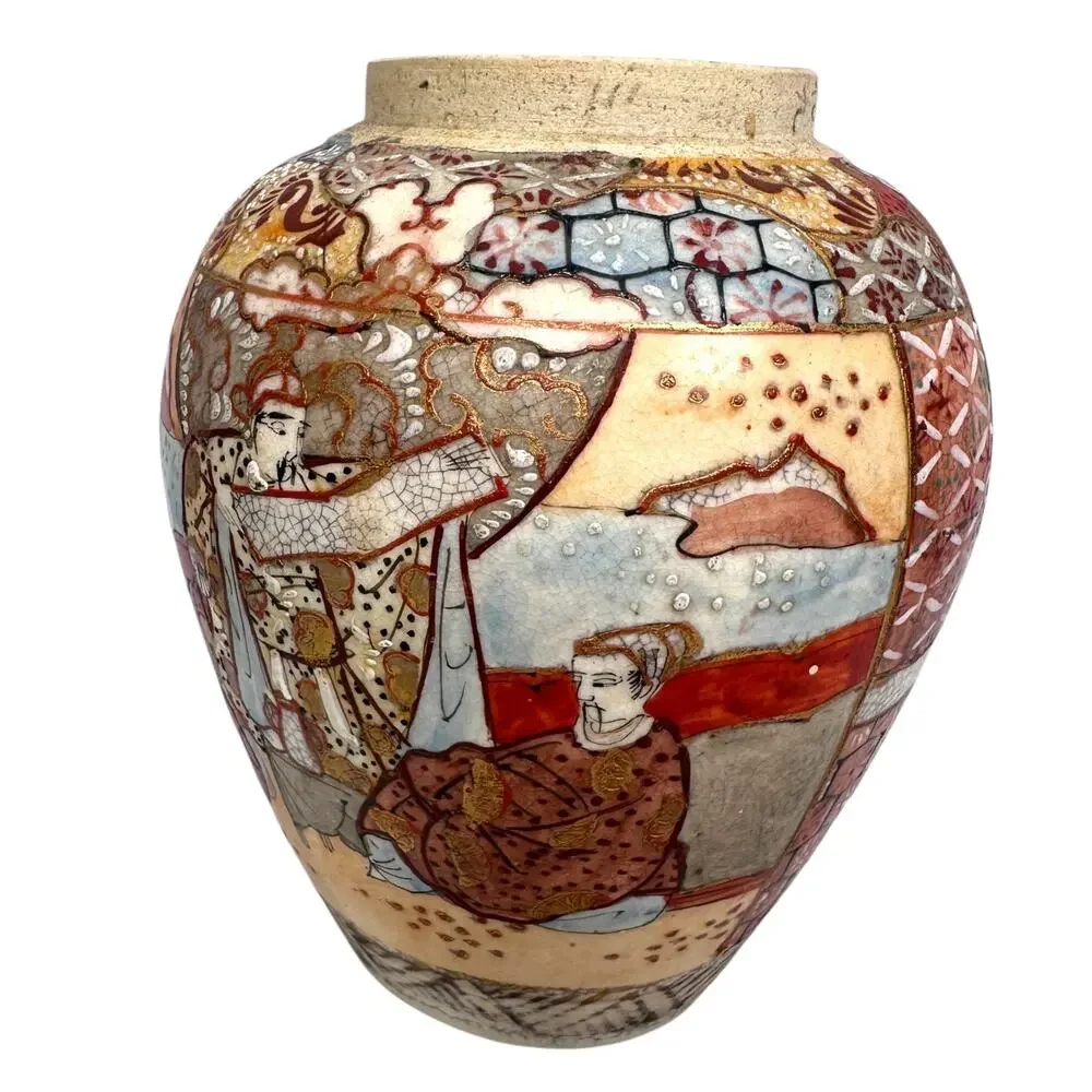 Antique‎ Japanese Satsuma Ginger Jar Vase Geisha Scene 19th Century Vtg Set of 2